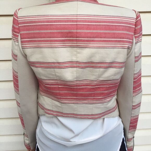 BCBGMaxAzria Striped Draped Open Front Blazer; Pink & Cream, Size XXS/XS/S - Picture 2 of 5